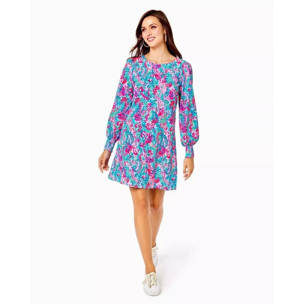 Lilly Pulitzer Diann Long Sleeve Mini Dress Smocked Printed Cotton Xs New 272590 View 2